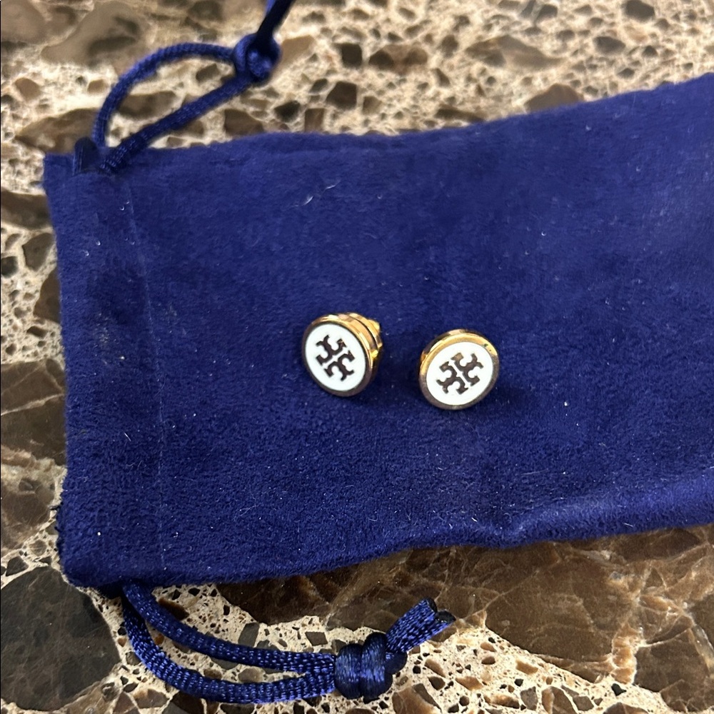 Tory Burch Gold and White Logo Studs